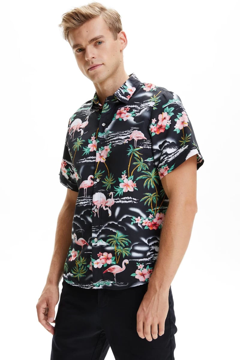 SSLR Mens Hawaiian Shirt Flamingos Casual Short Sleeve Button Down Shirts Aloha Shirt (Large, Black) - Image 3